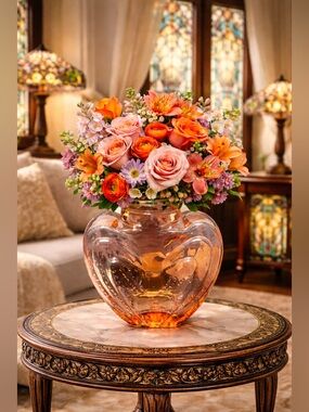 Vintage Pink Heart Shaped Glass Flower Frog w
Metal Lid Victorian Style